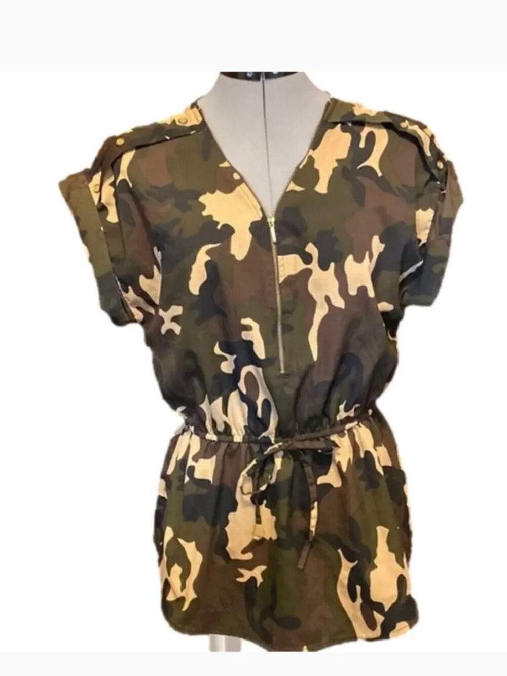 Mileage Camouflage High-Low Capped Sleeve Blouse